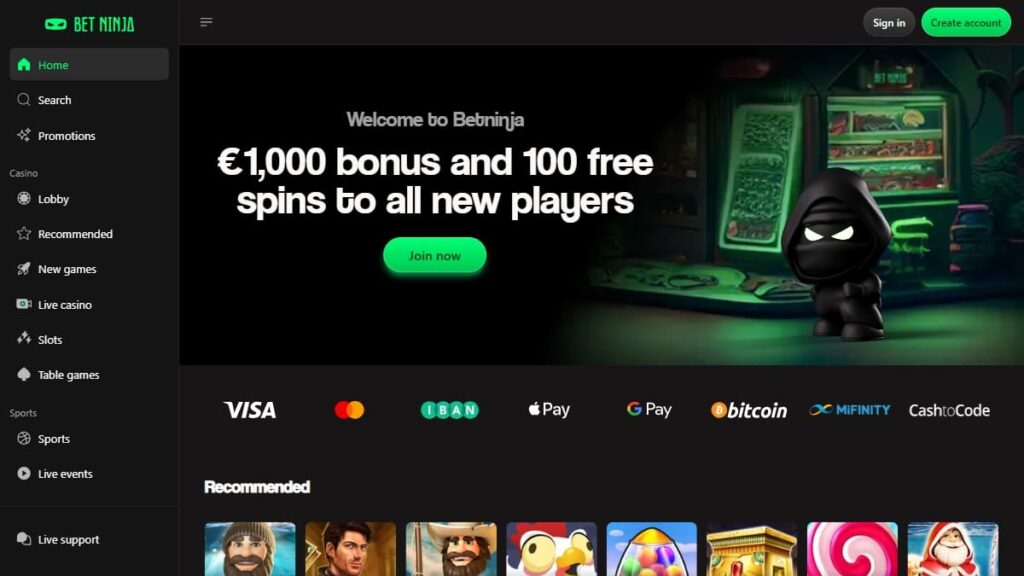 Betninja casino zonder Cruks interface